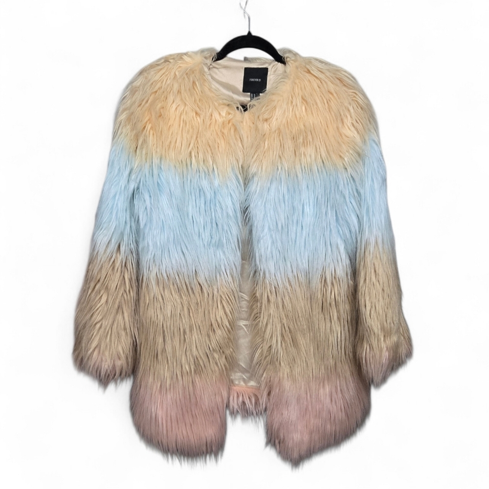 Forever 21 Fuzzy Furry Festival Jacket Coat Sz Medium 20" PTP 28" Length